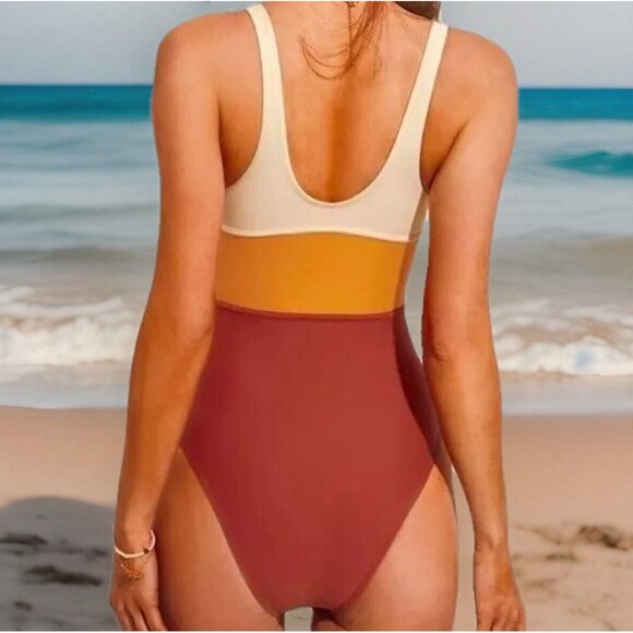 Cupshe Women’s One-Piece Swimsuit M Orange Color Block V-Neck Wide Strap Cheeky - Picture 2 of 7